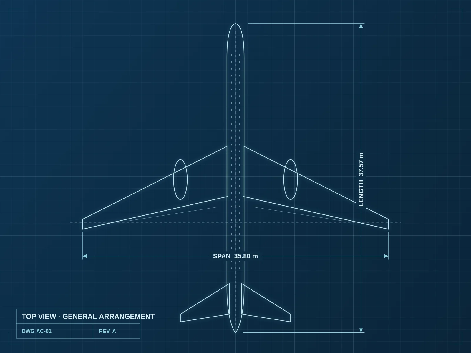 Technical drawing of an aircraft in top view