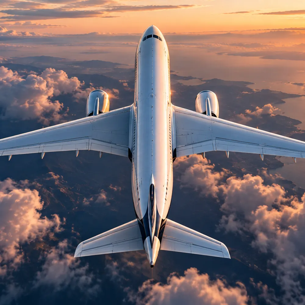 Passenger aircraft seen from above, flying over clouds at sunset